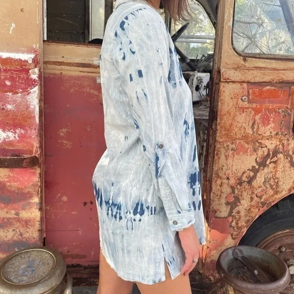 💙BLU Pepper Anthropologie Tie Dye Denim Shirt Dress Tunic - Picture 4 of 8